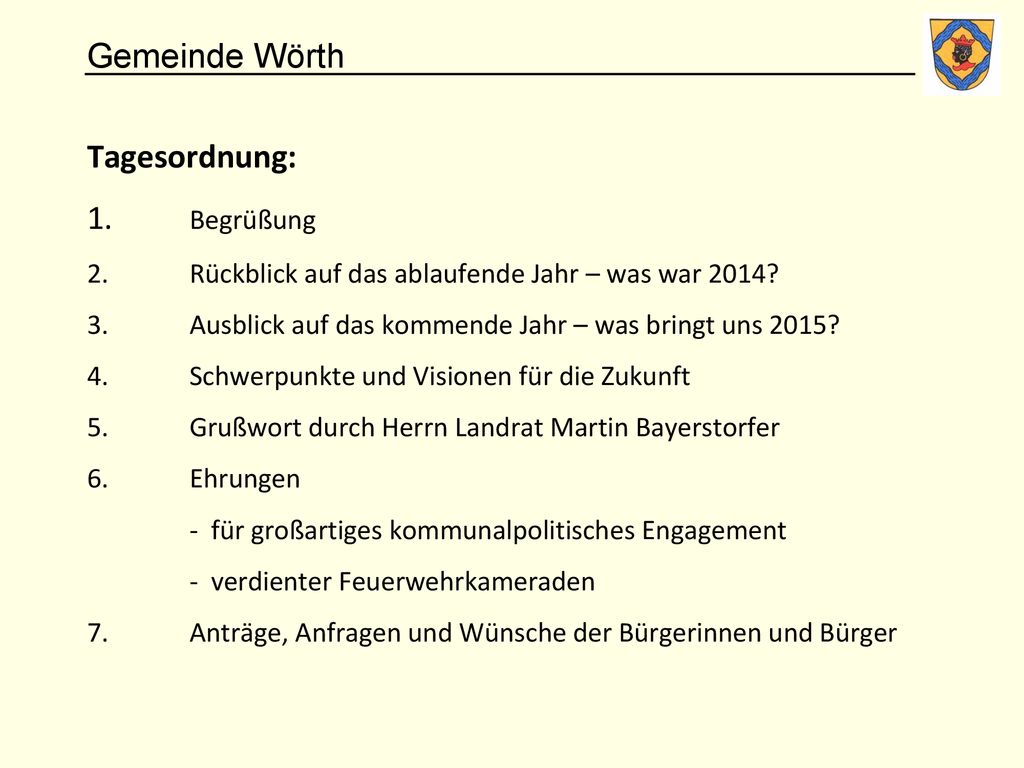 Tagesordnung: 1. Begrüßung 2