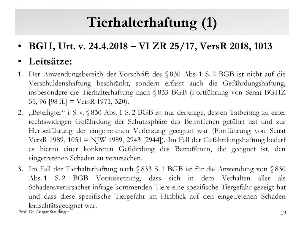 Tierhalterhaftung (1) BGH, Urt. v – VI ZR 25/17, VersR 2018, Leitsätze: