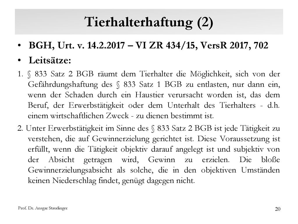 Tierhalterhaftung (2) BGH, Urt. v – VI ZR 434/15, VersR 2017, 702. Leitsätze: