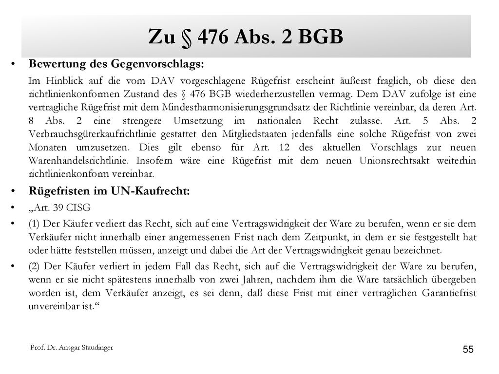 Zu § 476 Abs. 2 BGB Bewertung des Gegenvorschlags: