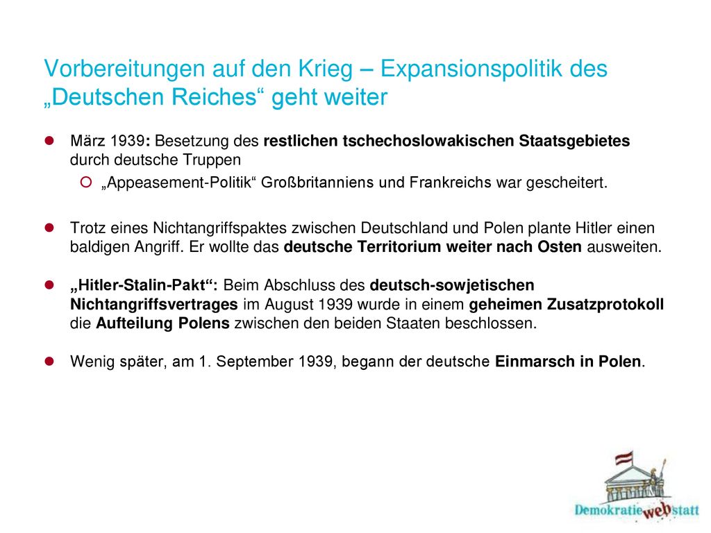 Vorbereitungen auf den Krieg – Expansionspolitik des „Deutschen Reiches geht weiter