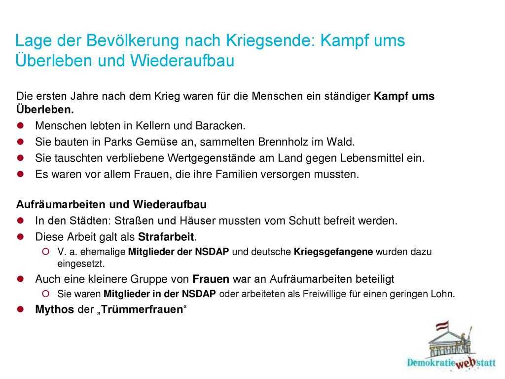 Lage der Bevölkerung nach Kriegsende: Kampf ums Überleben und Wiederaufbau