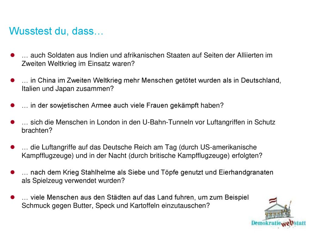 Wusstest du, dass… … auch Soldaten aus Indien und afrikanischen Staaten auf Seiten der Alliierten im Zweiten Weltkrieg im Einsatz waren