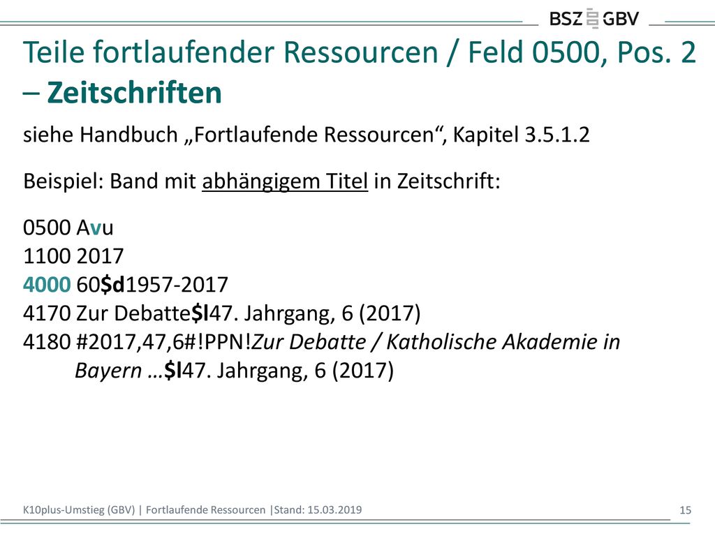 Teile fortlaufender Ressourcen / Feld 0500, Pos. 2 – Zeitschriften
