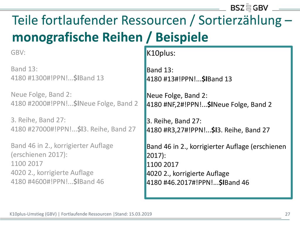 Teile fortlaufender Ressourcen / Sortierzählung – monografische Reihen / Beispiele