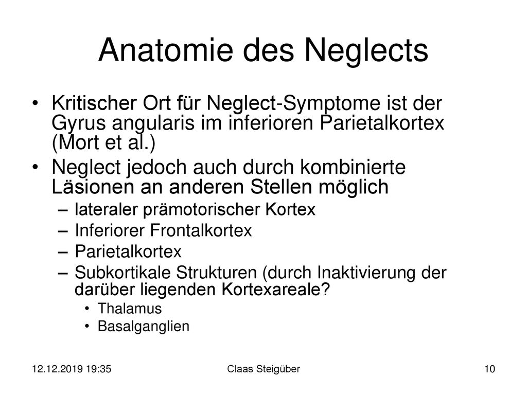 Anatomie des Neglects Kritischer Ort für Neglect-Symptome ist der Gyrus angularis im inferioren Parietalkortex (Mort et al.)