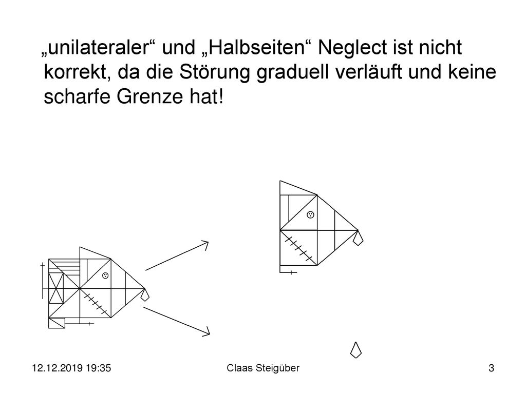 „unilateraler und „Halbseiten Neglect ist nicht korrekt, da die Störung graduell verläuft und keine scharfe Grenze hat!
