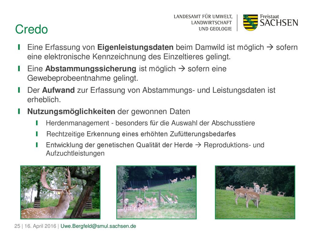 Credo Eine Erfassung von Eigenleistungsdaten beim Damwild ist möglich  sofern eine elektronische Kennzeichnung des Einzeltieres gelingt.