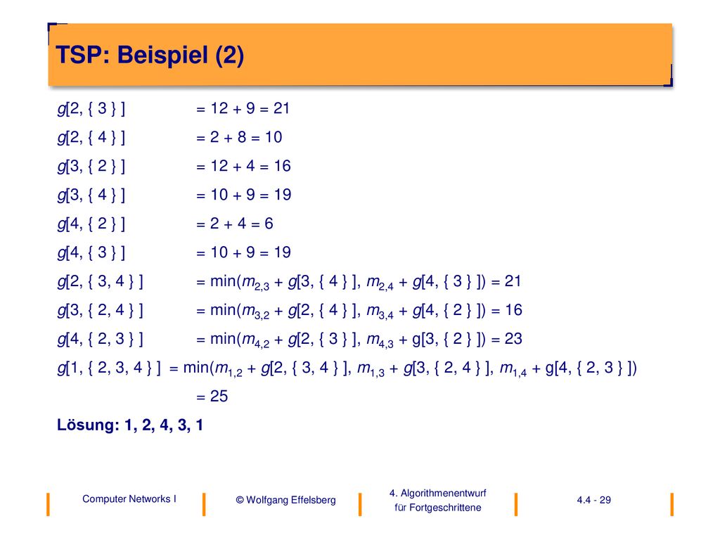 TSP: Beispiel (2) g[2, { 3 } ] = = 21 g[2, { 4 } ] = = 10