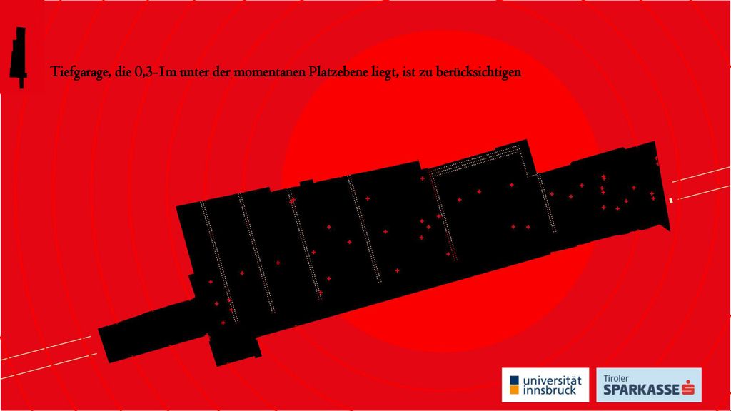 Tiefgarage, die 0,3-1m unter der momentanen Platzebene liegt, ist zu berücksichtigen