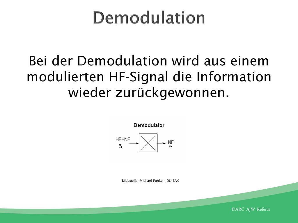 Demodulation Bei der Demodulation wird aus einem modulierten HF-Signal die Information wieder zurückgewonnen.