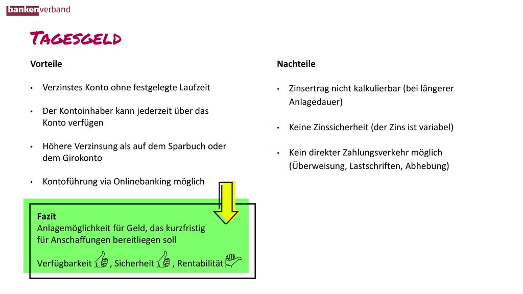 Vorteile Verzinstes Konto ohne festgelegte Laufzeit. Der Kontoinhaber kann jederzeit über das Konto verfügen.