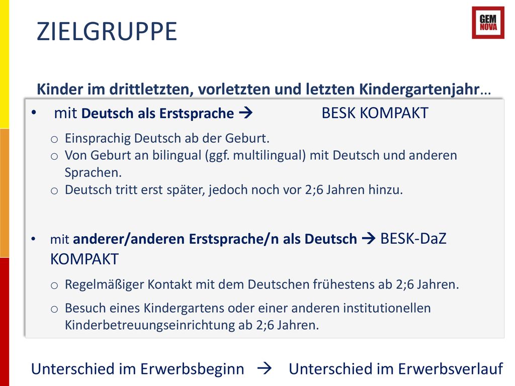ZIELGRUPPE Kinder im drittletzten, vorletzten und letzten Kindergartenjahr… mit Deutsch als Erstsprache  BESK KOMPAKT.
