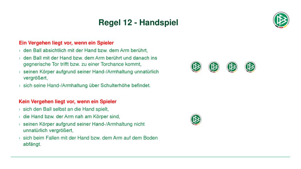 Regel 12 - Handspiel Ein Vergehen liegt vor, wenn ein Spieler