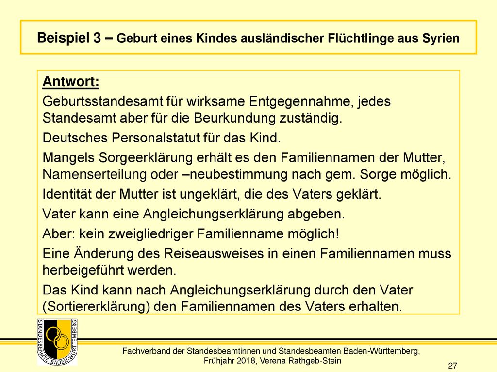 Beispiel 3 – Geburt eines Kindes ausländischer Flüchtlinge aus Syrien