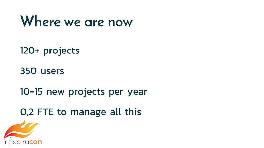Where we are now 120+ projects 350 users new projects per year 0,2 FTE to manage all this