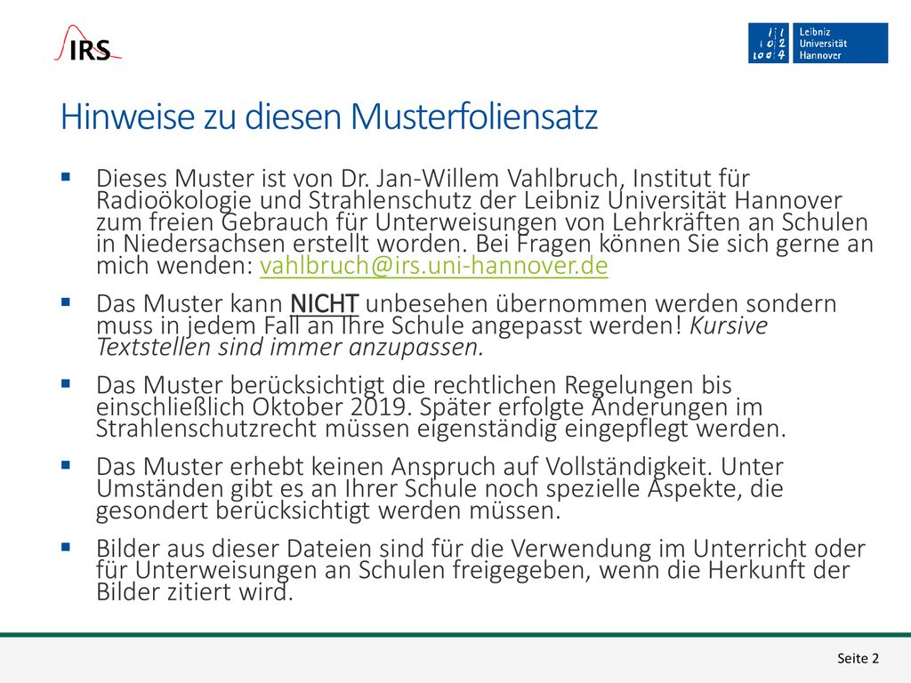 Strahlenschutzunterweisungen für Schulen in Niedersachsen - ppt  herunterladen