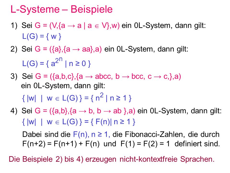 L-Systeme – Beispiele 1) Sei G = (V,{a → a | a  V},w) ein 0L-System, dann gilt: L(G) = { w }