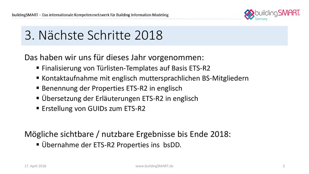 3. Nächste Schritte 2018 Das haben wir uns für dieses Jahr vorgenommen: Finalisierung von Türlisten-Templates auf Basis ETS-R2.