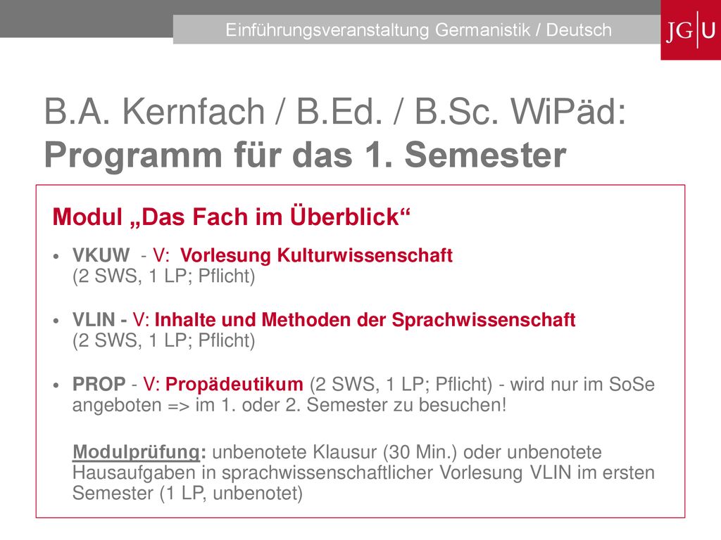 B.A. Kernfach / B.Ed. / B.Sc. WiPäd: Programm für das 1. Semester