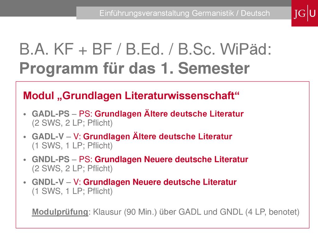 B.A. KF + BF / B.Ed. / B.Sc. WiPäd: Programm für das 1. Semester