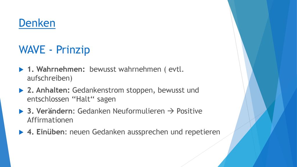 Denken WAVE - Prinzip 1. Wahrnehmen: bewusst wahrnehmen ( evtl. aufschreiben)