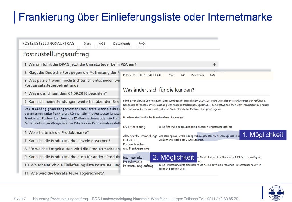 Frankierung über Einlieferungsliste oder Internetmarke