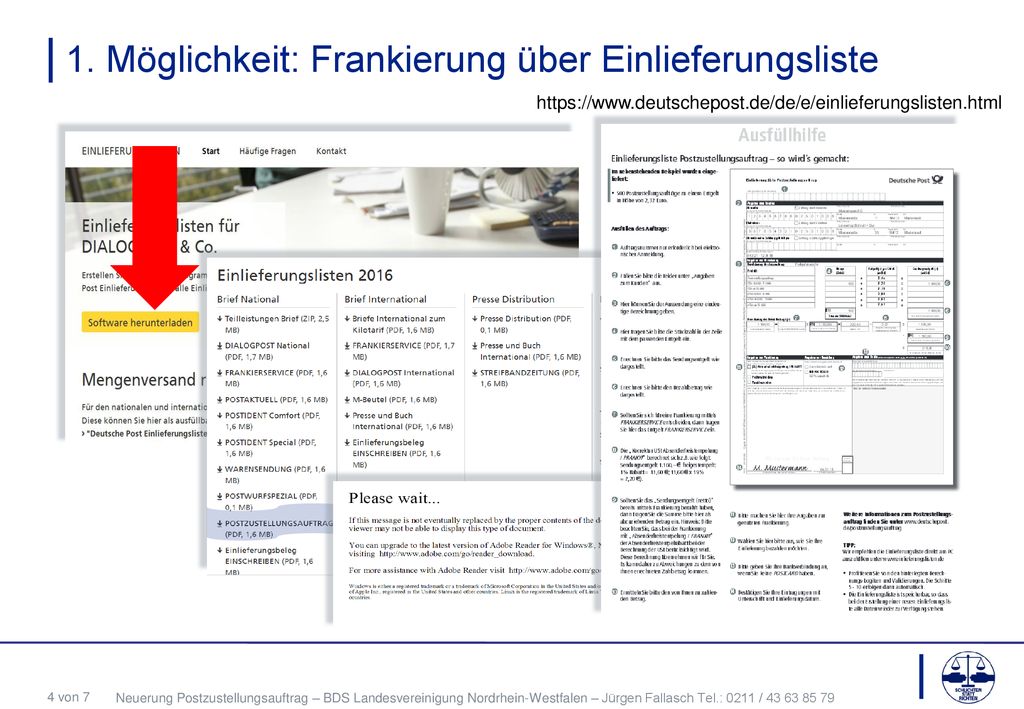 1. Möglichkeit: Frankierung über Einlieferungsliste