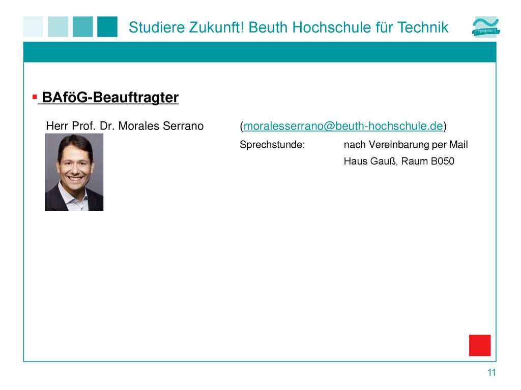 BAföG-Beauftragter Herr Prof. Dr. Morales Serrano Sprechstunde: nach Vereinbarung per Mail.