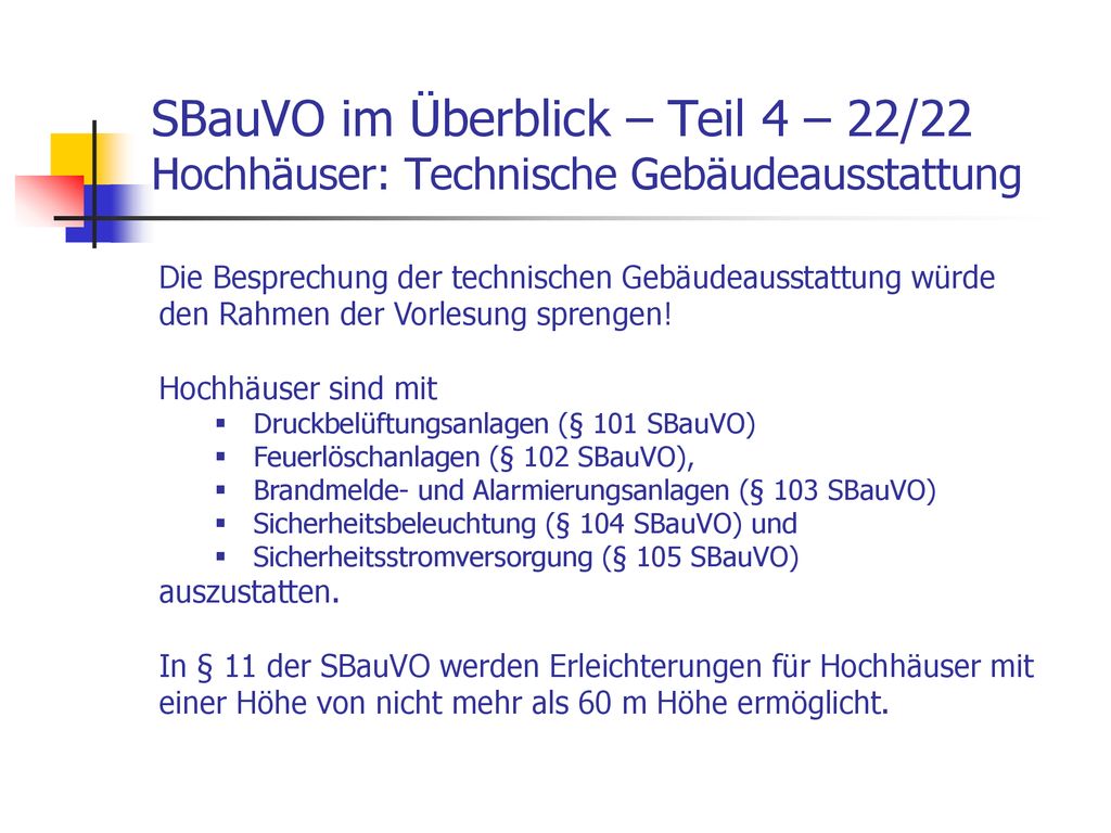 SBauVO im Überblick – Teil 4 – 22/22 Hochhäuser: Technische Gebäudeausstattung