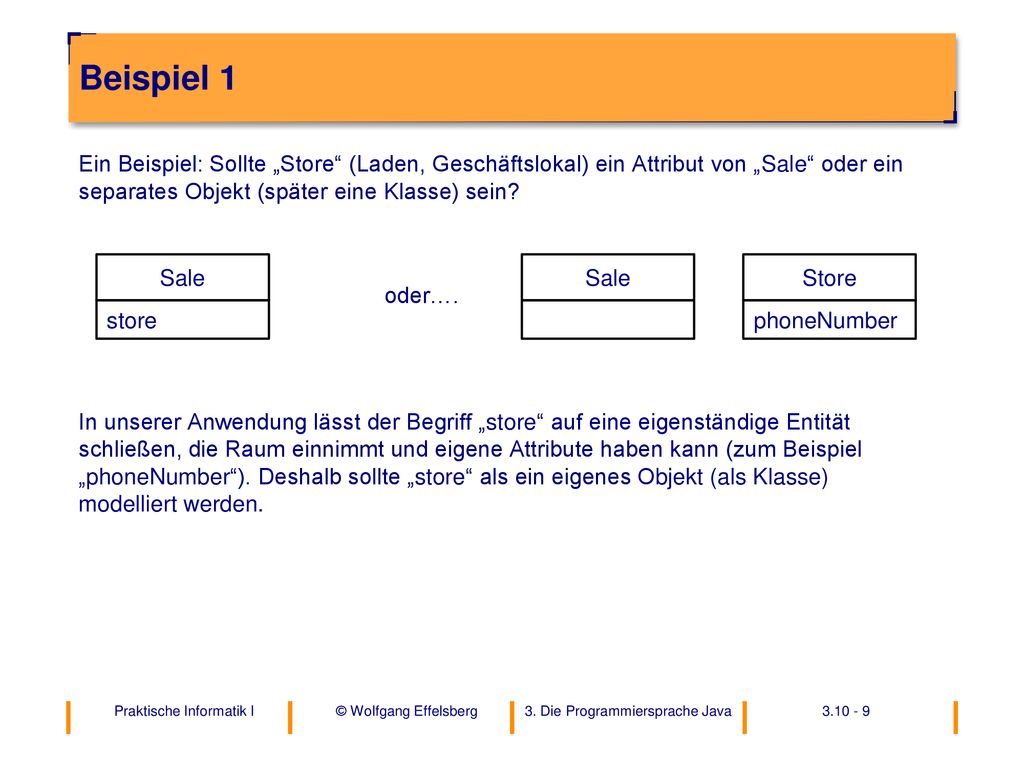 Beispiel 1 Ein Beispiel: Sollte „Store (Laden, Geschäftslokal) ein Attribut von „Sale oder ein separates Objekt (später eine Klasse) sein