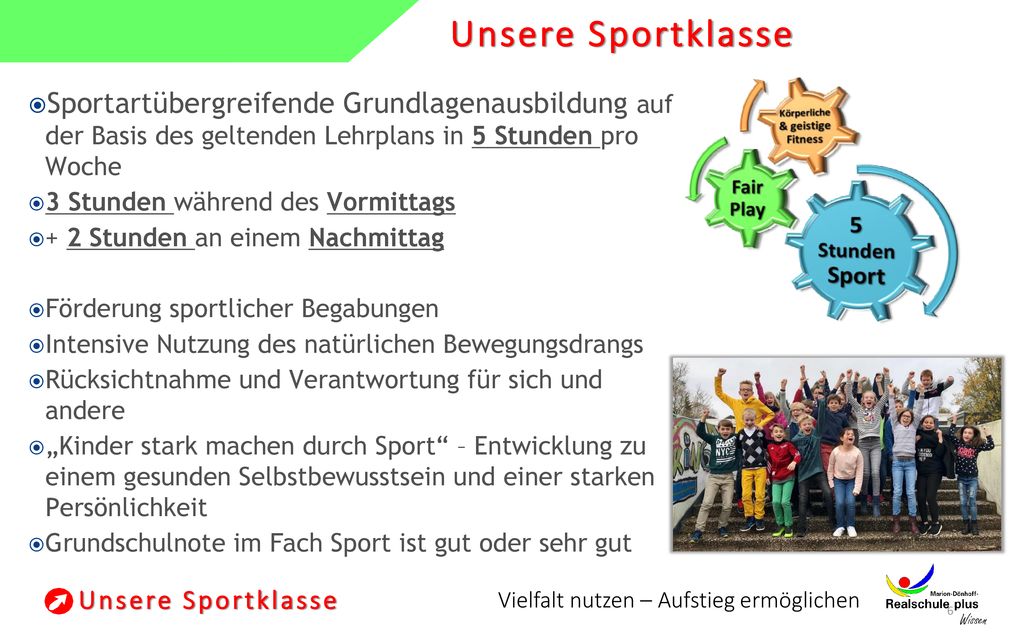 Unsere Sportklasse Sportartübergreifende Grundlagenausbildung auf der Basis des geltenden Lehrplans in 5 Stunden pro Woche.