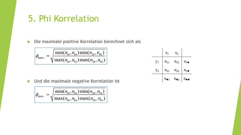 5. Phi Korrelation Die maximale positive Korrelation berechnet sich als.