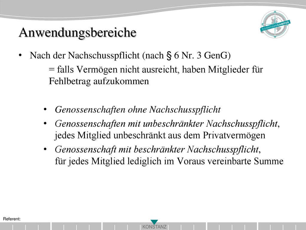 Anwendungsbereiche Nach der Nachschusspflicht (nach § 6 Nr. 3 GenG)