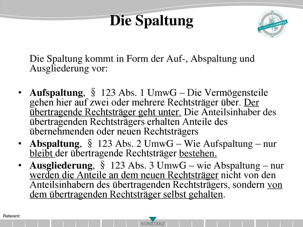 Die Spaltung Die Spaltung kommt in Form der Auf-, Abspaltung und Ausgliederung vor: