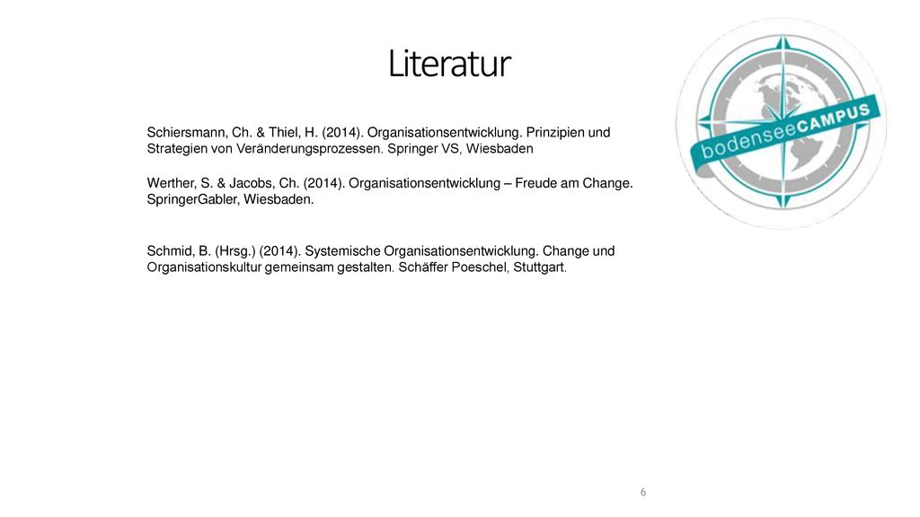 Literatur Schiersmann, Ch. & Thiel, H. (2014). Organisationsentwicklung. Prinzipien und Strategien von Veränderungsprozessen. Springer VS, Wiesbaden.