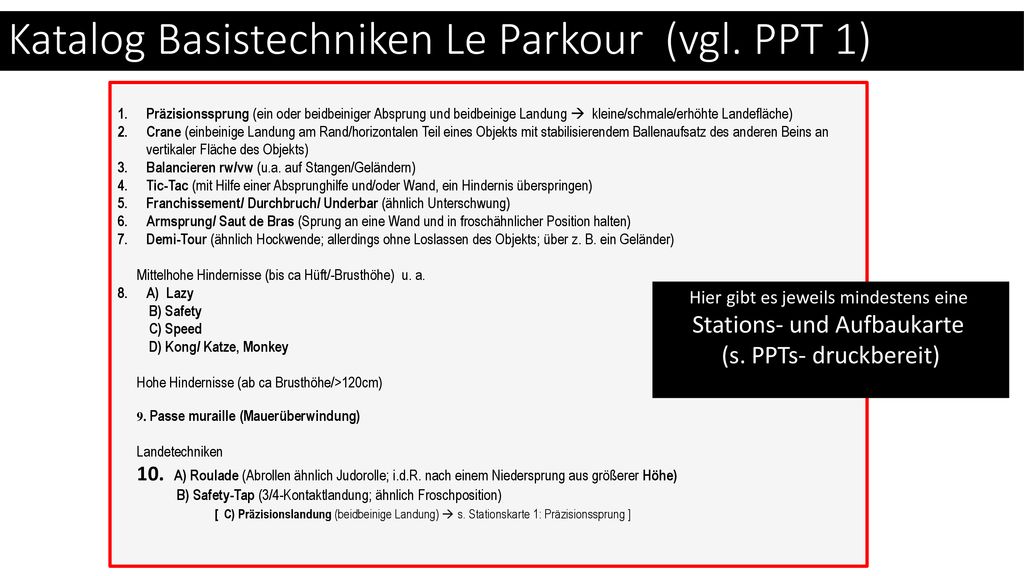 Katalog Basistechniken Le Parkour (vgl. PPT 1)
