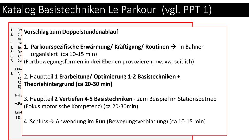 Katalog Basistechniken Le Parkour (vgl. PPT 1)