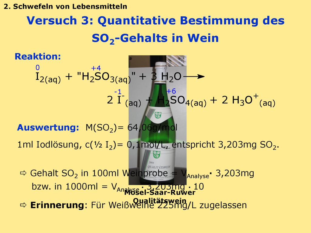 Versuch 3: Quantitative Bestimmung des SO2-Gehalts in Wein