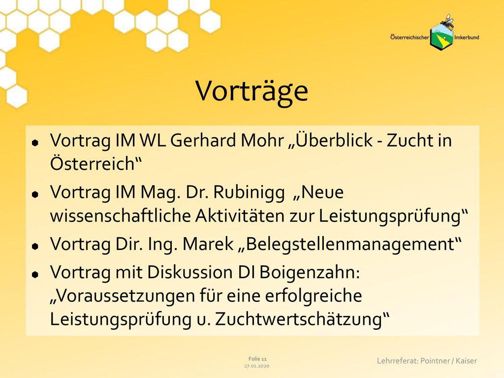 Vorträge Vortrag IM WL Gerhard Mohr „Überblick - Zucht in Österreich