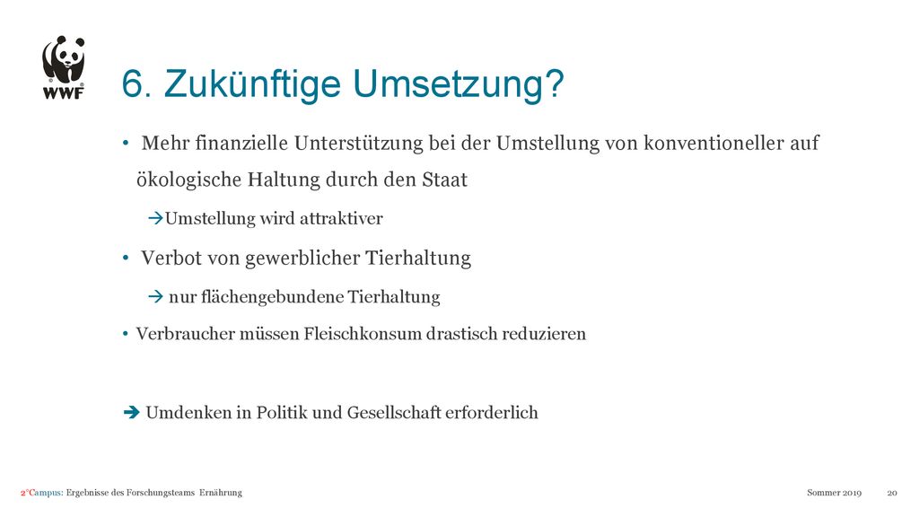 6. Zukünftige Umsetzung Mehr finanzielle Unterstützung bei der Umstellung von konventioneller auf ökologische Haltung durch den Staat.