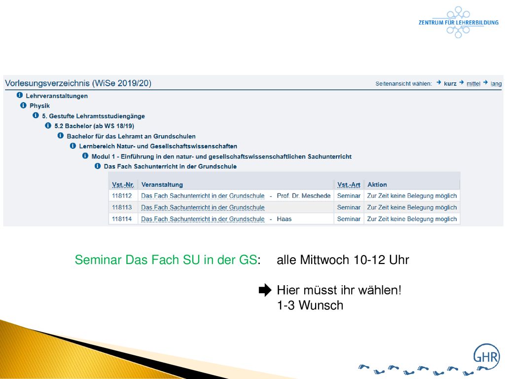 Seminar Das Fach SU in der GS: alle Mittwoch Uhr