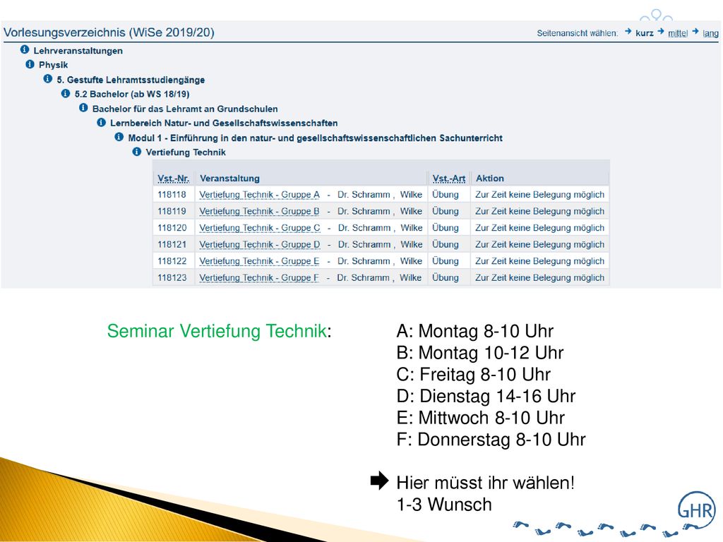 Seminar Vertiefung Technik: A: Montag 8-10 Uhr