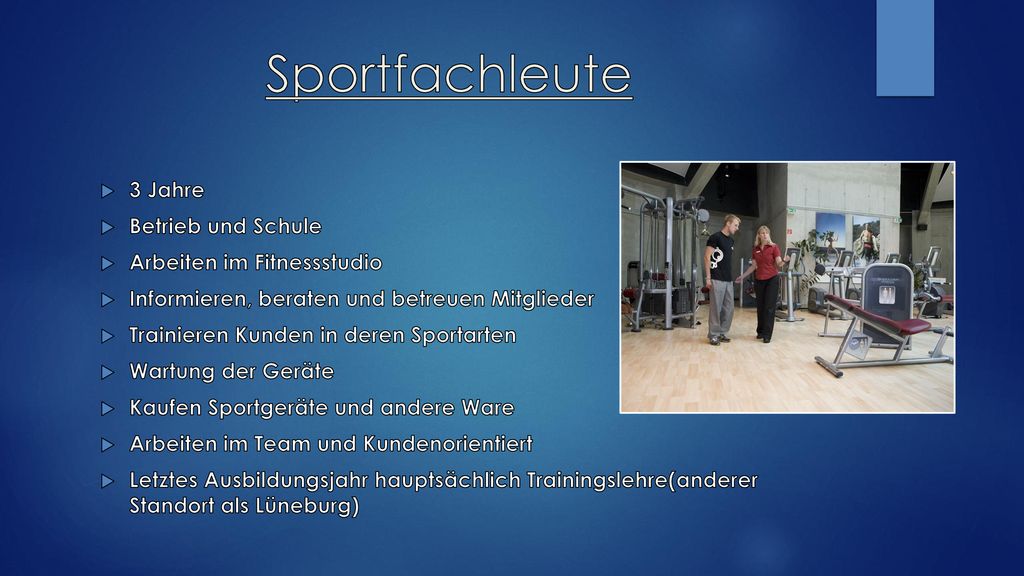 Sportfachleute 3 Jahre Betrieb und Schule Arbeiten im Fitnessstudio