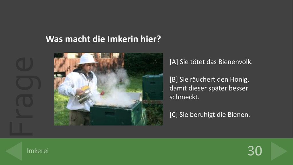 30 Was macht die Imkerin hier [A] Sie tötet das Bienenvolk.