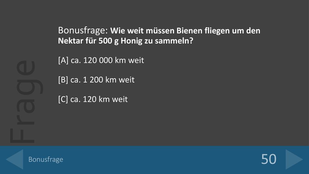 Bonusfrage: Wie weit müssen Bienen fliegen um den Nektar für 500 g Honig zu sammeln