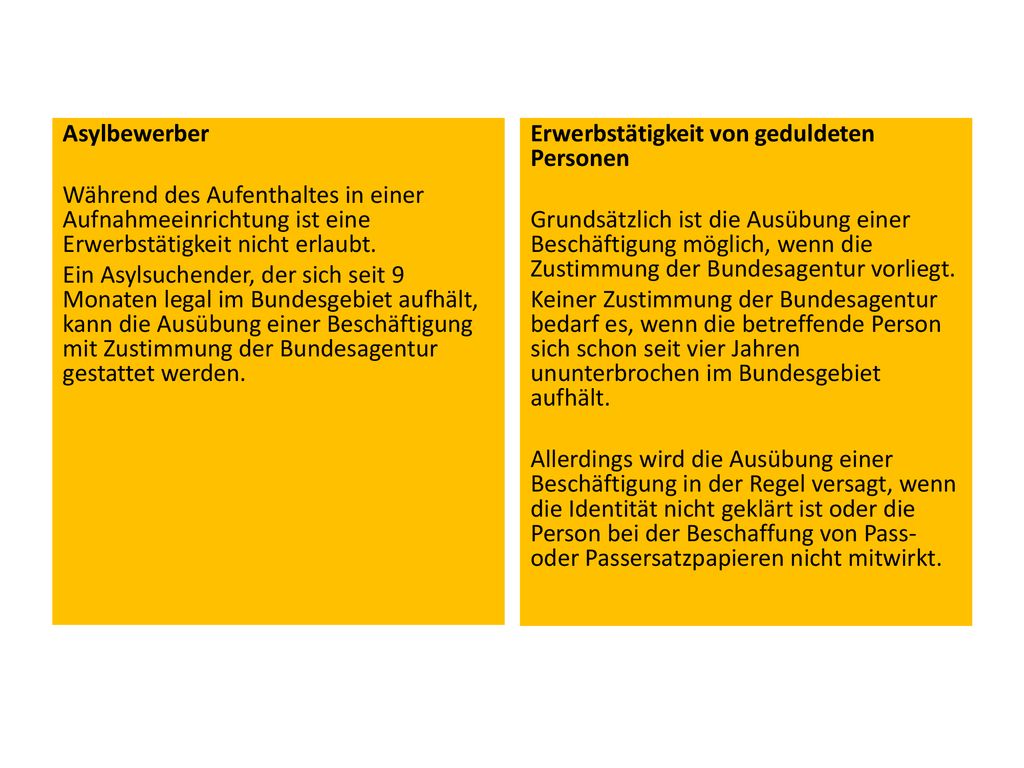 Asylbewerber Während des Aufenthaltes in einer Aufnahmeeinrichtung ist eine Erwerbstätigkeit nicht erlaubt. Ein Asylsuchender, der sich seit 9 Monaten legal im Bundesgebiet aufhält, kann die Ausübung einer Beschäftigung mit Zustimmung der Bundesagentur gestattet werden.
