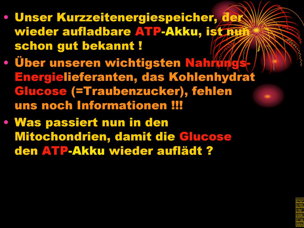 Unser Kurzzeitenergiespeicher, der wieder aufladbare ATP-Akku, ist nun schon gut bekannt !