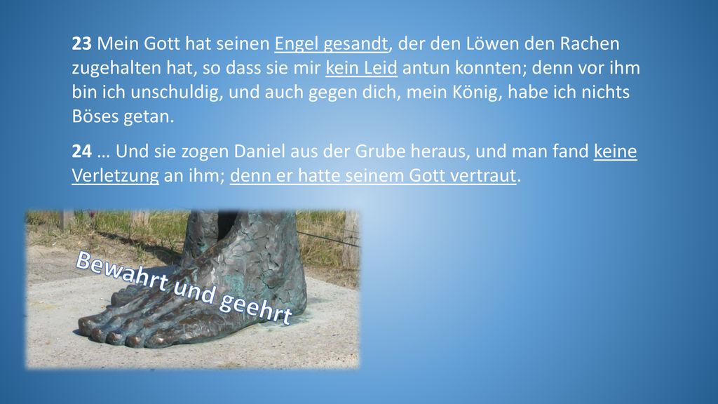 23 Mein Gott hat seinen Engel gesandt, der den Löwen den Rachen zugehalten hat, so dass sie mir kein Leid antun konnten; denn vor ihm bin ich unschuldig, und auch gegen dich, mein König, habe ich nichts Böses getan.