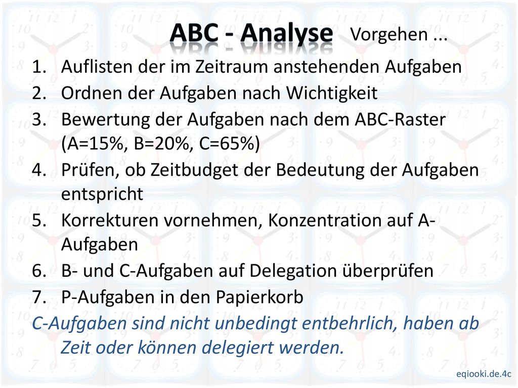 ABC - Analyse Vorgehen ... Auflisten der im Zeitraum anstehenden Aufgaben. Ordnen der Aufgaben nach Wichtigkeit.